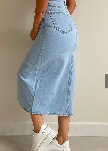 Mavi Midi Boy Bol Kesim Jean Etek - Görsel 2