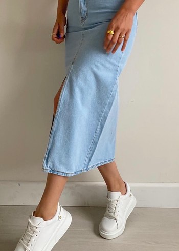 Mavi Midi Boy Bol Kesim Jean Etek - Görsel 3