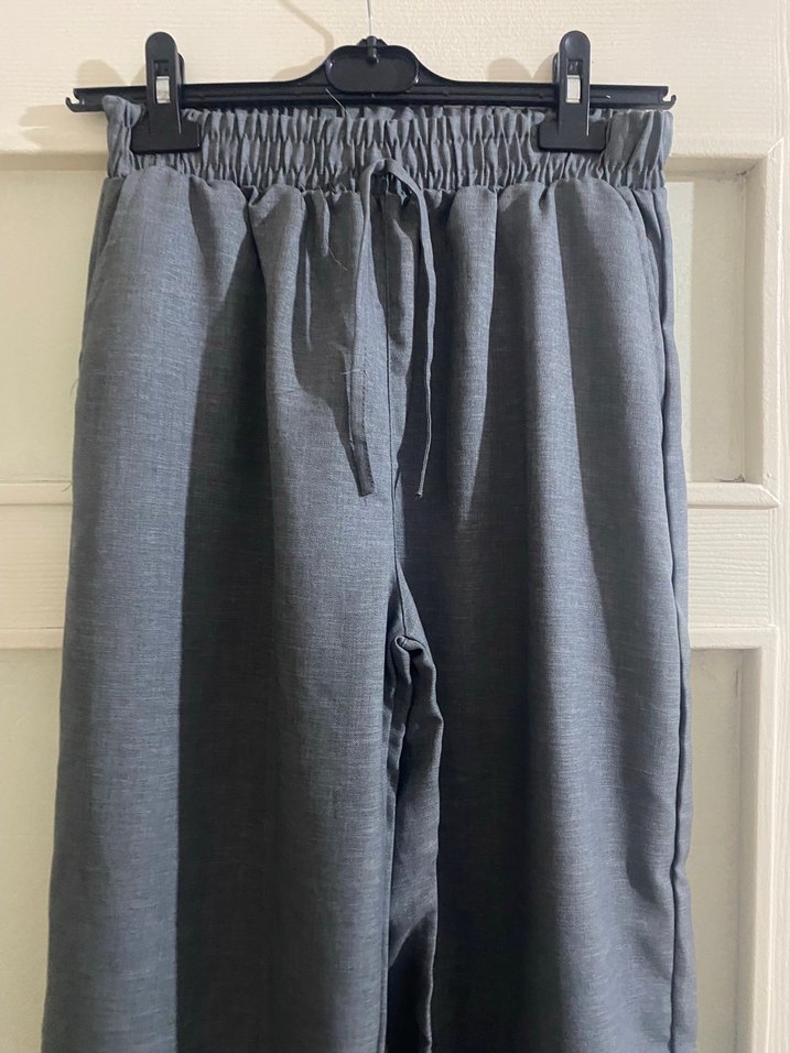 Gri Keten Midi Kadın Pantolon - Görsel 2