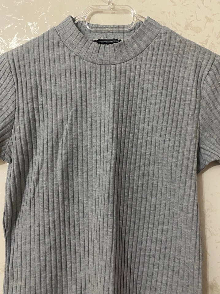 Gri Kadın Kısa Kollu Triko Tişört - Görsel 2