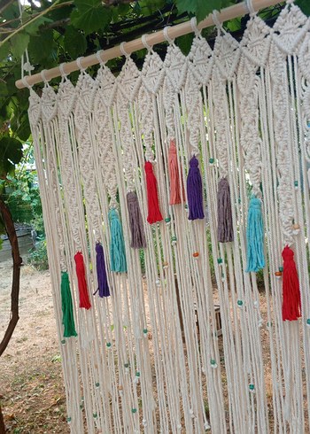 Bohem Çok Renkli Püsküllü Makrome Duvar Süsü perde - Görsel 5