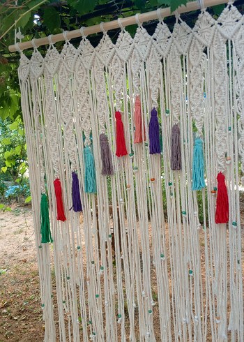 Bohem Çok Renkli Püsküllü Makrome Duvar Süsü perde - Görsel 7