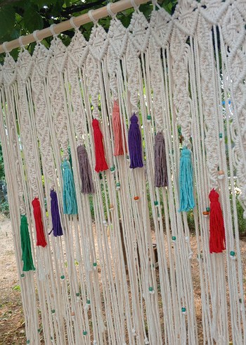 Bohem Çok Renkli Püsküllü Makrome Duvar Süsü perde - Görsel 8