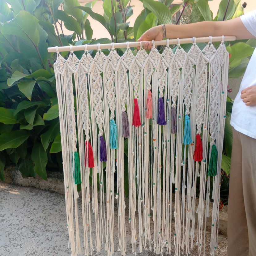 Bohem Çok Renkli Püsküllü Makrome Duvar Süsü perde - Görsel 4