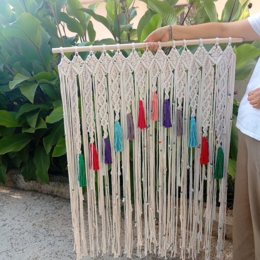 Bohem Çok Renkli Püsküllü Makrome Duvar Süsü perde - Görsel 2