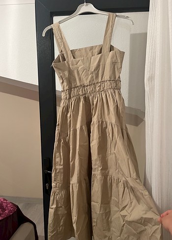 Bej Keten Uzun Askılı Elbise - Görsel 3