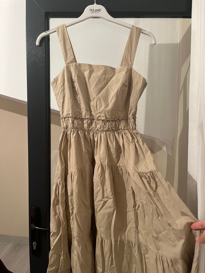 Bej Keten Uzun Askılı Elbise - Görsel 2