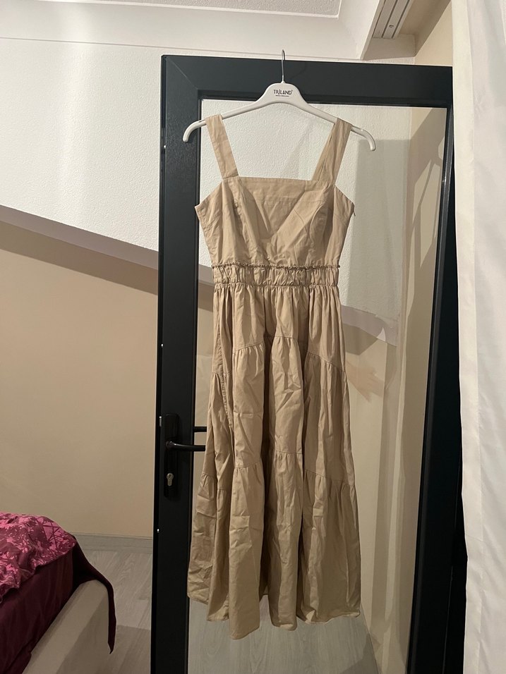 Bej Keten Uzun Askılı Elbise - Görsel 4