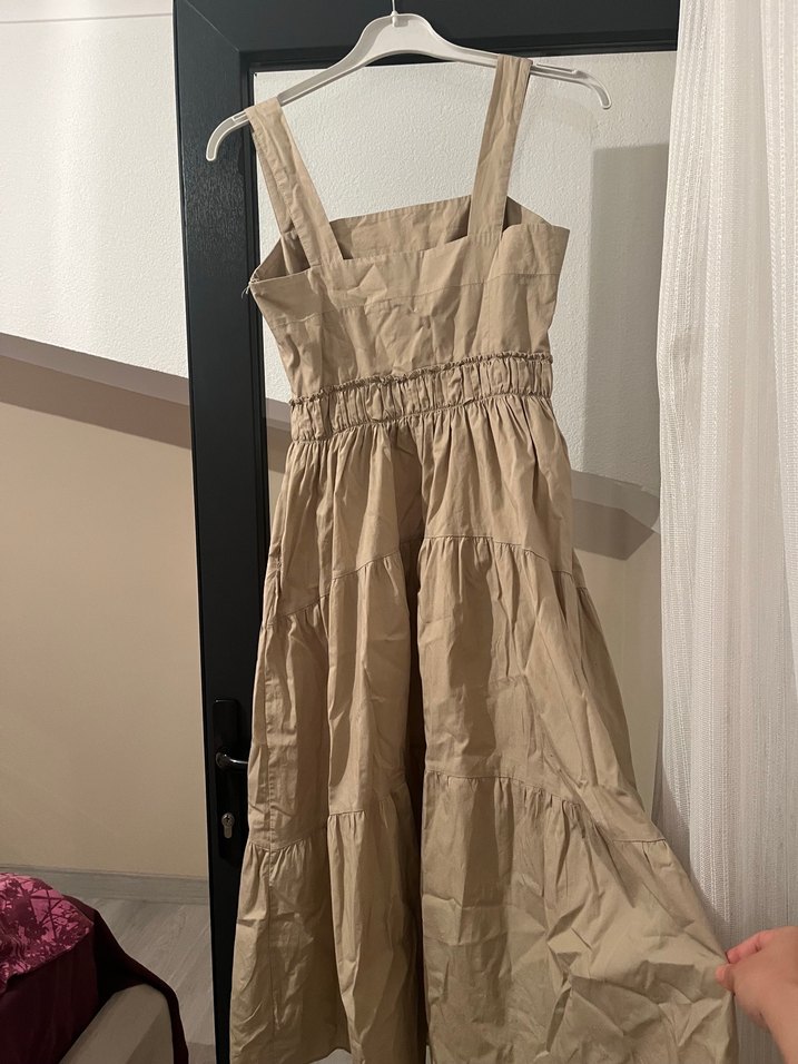 Bej Keten Uzun Askılı Elbise - Görsel 3