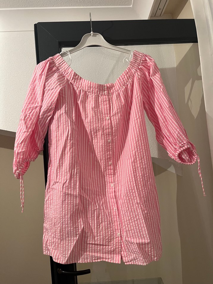 Pembe Çizgili Keten Kadın Bluz - Görsel 2