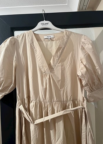 Bej V Yaka Uzun Bohem Elbise - Görsel 2