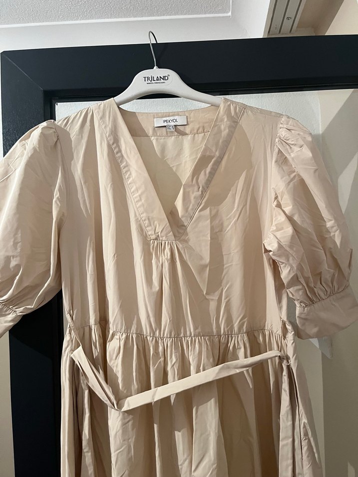 Bej V Yaka Uzun Bohem Elbise - Görsel 2