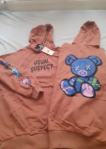Uzun Kollu, Baskılı Kahverengi Sweatshirt