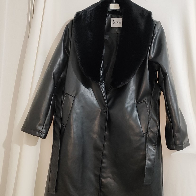 Kadın Siyah Deri Kürklü Uzun Kaban - Görsel 2