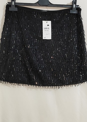 Boncuk İşlemeli Siyah Mini Etek - Görsel 3
