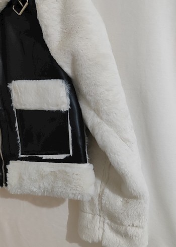 Beyaz Kürklü deri peluş mont - Görsel 3