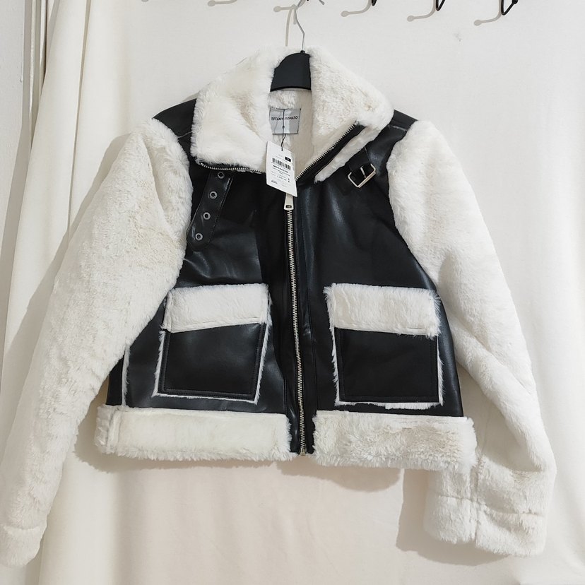 Beyaz Kürklü deri peluş mont - Görsel 2