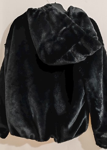 Kapüşonlu Siyah Mini Peluş Ceket - Görsel 7