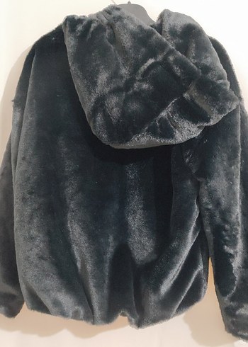 Kapüşonlu Siyah Mini Peluş Ceket - Görsel 8