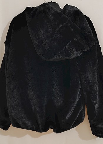 Kapüşonlu Siyah Mini Peluş Ceket - Görsel 5
