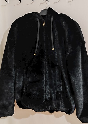 Kapüşonlu Siyah Mini Peluş Ceket - Görsel 3
