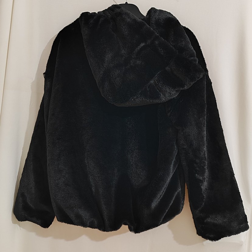 Kapüşonlu Siyah Mini Peluş Ceket - Görsel 5