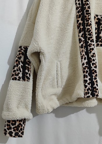 Leopar Detaylı Kahverengi Kadın Peluş Ceket - Görsel 2