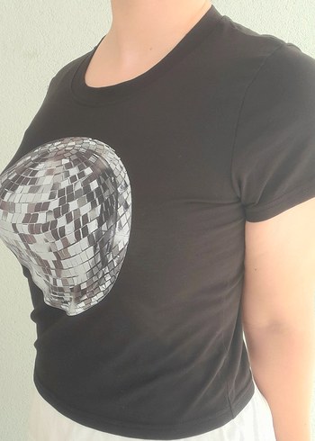 Diğer Disko Siyah Baby Tee Crop Tişört