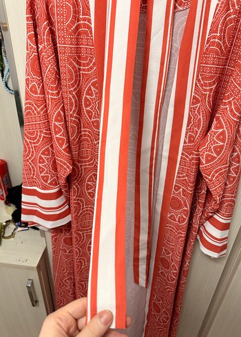 Uzun Kırmızı Desenli Bohem Kadın Kimono - Görsel 4