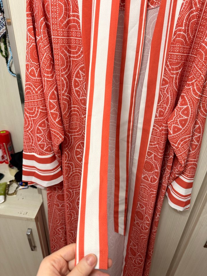 Uzun Kırmızı Desenli Bohem Kadın Kimono - Görsel 4