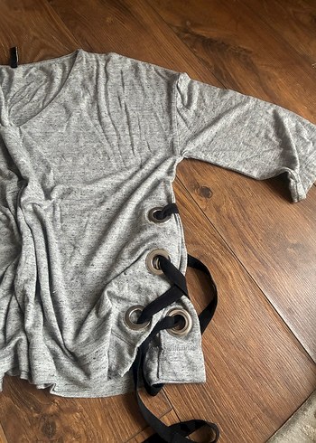 Gri kuşgözü Detaylı Salaş Kadın Keten Tişört - Görsel 2