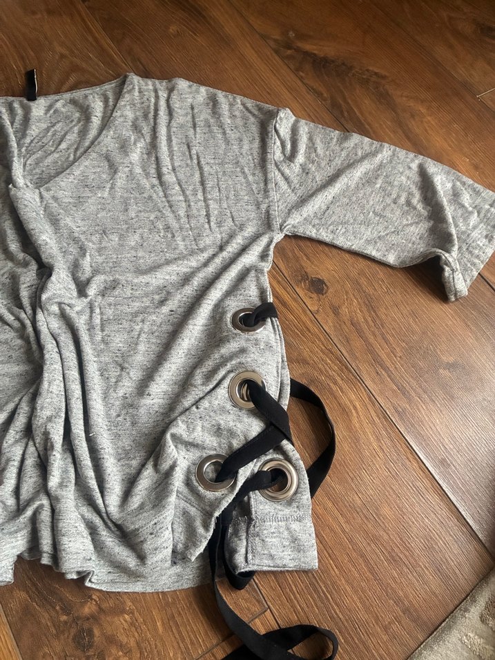 Gri kuşgözü Detaylı Salaş Kadın Keten Tişört - Görsel 2