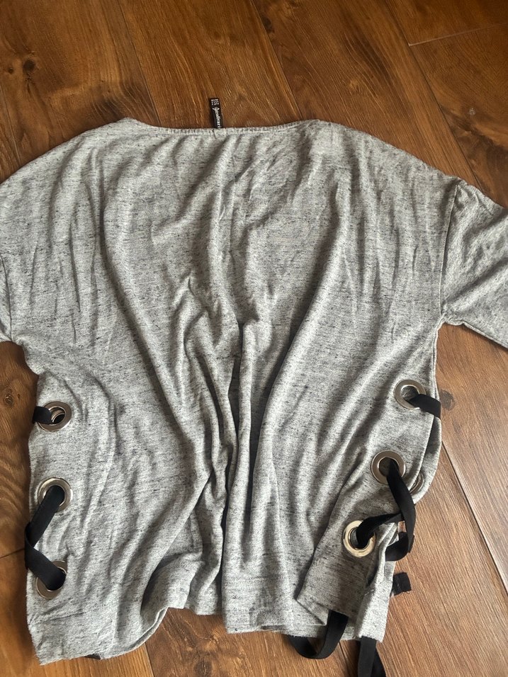 Gri kuşgözü Detaylı Salaş Kadın Keten Tişört - Görsel 4