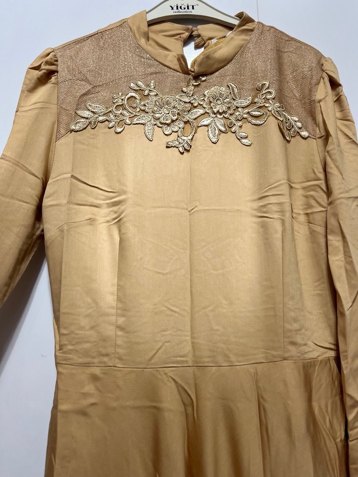 Bej Nakışlı Vintage Uzun Abiye - Görsel 4