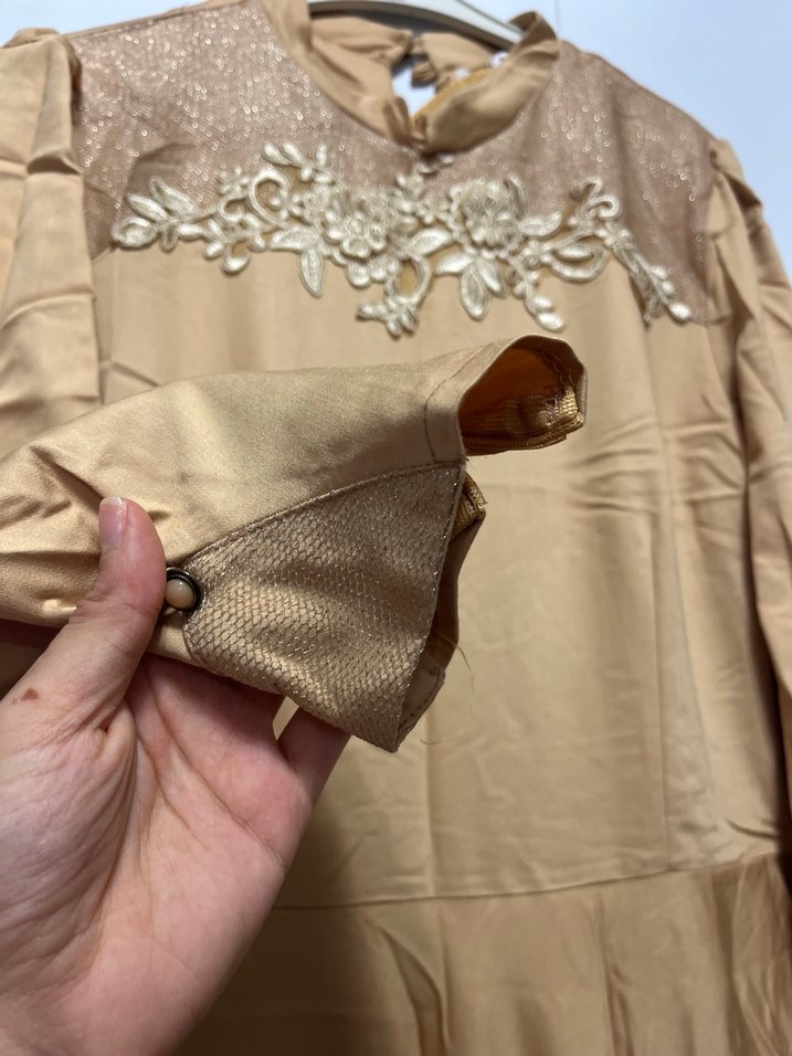 Bej Nakışlı Vintage Uzun Abiye - Görsel 2