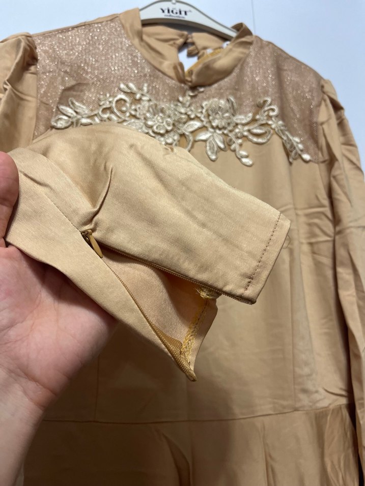 Bej Nakışlı Vintage Uzun Abiye - Görsel 3