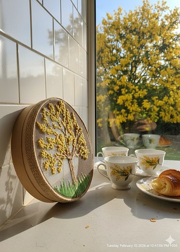 Sarı Çiçekli Nakışlı Dekoratif ELEK