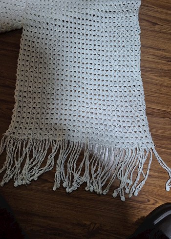 Beyaz Örgü Kadın Şal Püsküllü - Görsel 7