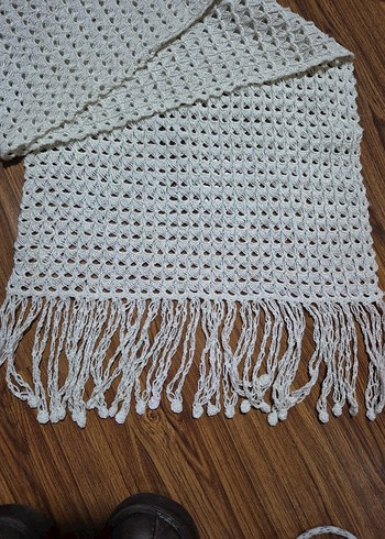 Beyaz Örgü Kadın Şal Püsküllü - Görsel 6