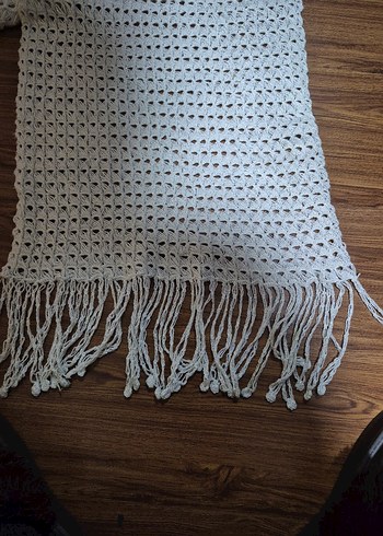 Beyaz Örgü Kadın Şal Püsküllü - Görsel 5