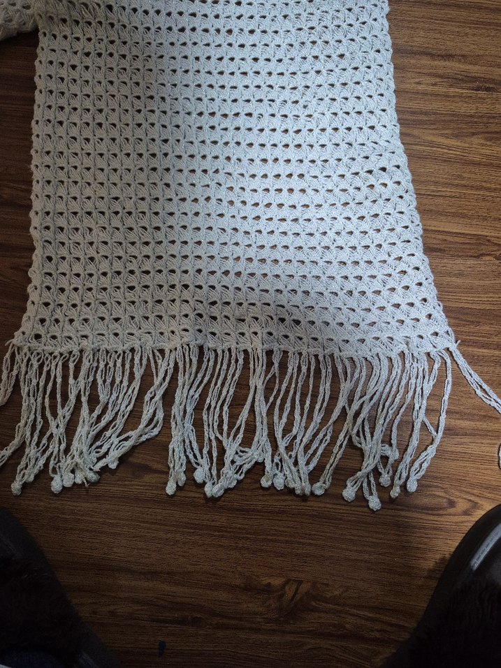 Beyaz Örgü Kadın Şal Püsküllü - Görsel 5