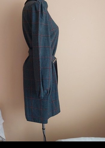 Kemerli yesil Ekose Midi Kadın elbise - Görsel 2