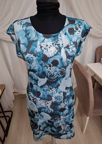 Mavi Çiçek Desenli Salaş elbise - Görsel 7