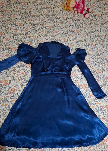 Mavi V Yakalı Saten elbise - Görsel 6