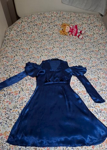 Mavi V Yakalı Saten elbise - Görsel 7