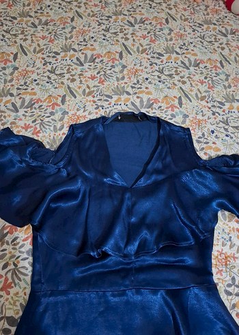 Mavi V Yakalı Saten elbise - Görsel 9