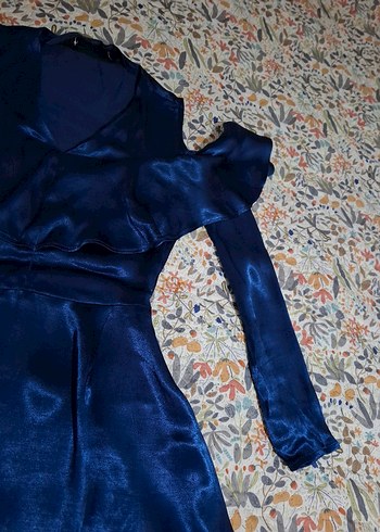 Mavi V Yakalı Saten elbise - Görsel 10