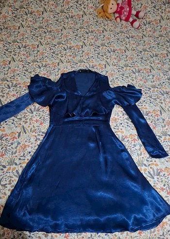 Mavi V Yakalı Saten elbise - Görsel 8