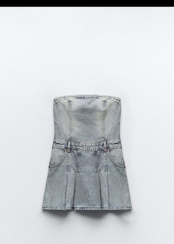Zara Mavi Kot Straplez Mini Elbise