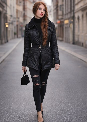 Kemerli Siyah Deri Gotik Kadın Ceket ADIDAS - Görsel 2